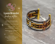 the bracelet is made from seed beads and has a gold bar on it, which reads loom bracelet leading up