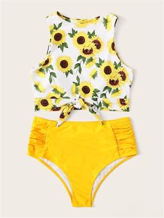 knot front top with dot high waist bikini set - DAYSY TOP YELLOW BOTTOM Short Azul, Knot Front Top, Swimming Suits, Yellow Swimsuits, High Waist Bottoms, Green Top, Tankini Swimsuits, Swimwear Girls, Black Bottoms