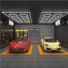 two sports cars are parked in the garage