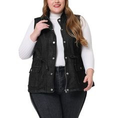 The designer integrates the drawstring waist design with a button front zip-up, collarless, and flap pockets with a single button, unique and vintage for a simple and stylish outlook. Our utility denim jean vest provides the finest and most trendy style, a must-have for your wardrobe. For daily wear or outdoors with your friends on a daily time or vacation. Measurement (in inches) International Size----------Chest Girth----------Shoulder Width----------Hem Girth 1X------------------------------49 1/4------------------16 3/8------------------------53 1/2 2X------------------------------52 3/8------------------17 1/8------------------------56 3/4 3X------------------------------56 1/4------------------18 1/8------------------------60 5/8 4X------------------------------60 1/4---------------- Winter Black Denim Vest With Pockets, Black Denim Vest With Pockets For Winter, Fall Black Denim Vest With Pockets, Black Denim Vest With Pockets For Spring, Spring Black Denim Vest With Pockets, Utility Denim Vest With Pockets For Fall, Fall Utility Denim Vest With Pockets, Black Denim Vest For Fall, Spring Black Drawstring Outerwear