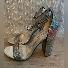 Silver And Multi Colored Glitter Steve Madden Block Heels. Never Worn. Does Not Come With The Box Steve Madden Block Heel, Steve Madden, Block Heels, Shoes Women Heels, Shoes Heels, Glitter, Women Shoes, Heels, Women Shopping