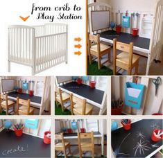 a collage of photos showing the various stages of play stations in a child's room