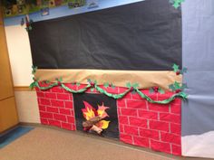 a decorated fireplace in the middle of a classroom