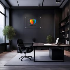 an office with a desk and chair in front of a large window that has the london one logo on it