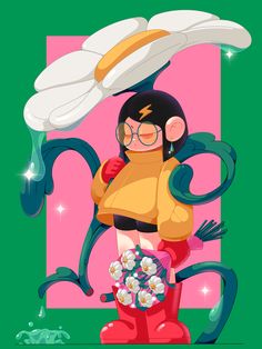 a cartoon girl holding a bunch of flowers