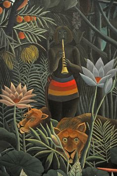 an image of a painting with animals in the forest and flowers on it's side