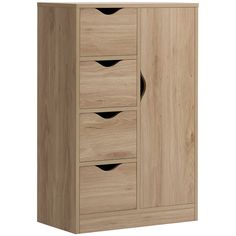 a wooden cabinet with three drawers and black handles