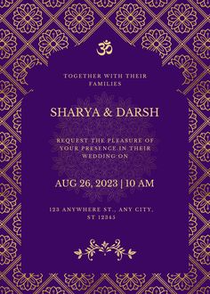 a purple and gold wedding card with an ornate frame on the front, featuring a floral design