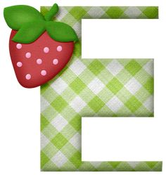 the letter f has a strawberry on it and is green with white checkered fabric