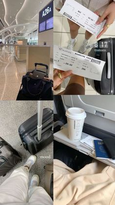 several pictures of people with their luggage at the airport, one is holding a ticket