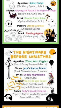 the halloween menu is shown in three different colors and font styles, including pumpkins, ghost