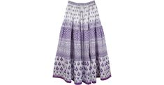 Peasant Long Purple Skirt for Women - An Indian gypsy maxi skirt with a mix of prints- all on the same piece of cloth (not patchwork). A long three panel cotton skirt with this summer`s fresh purple print. The skirt truly has a lot of cloth - its volume, a wider hem and of course splendid colors give it a character. It is nicely lined and the material is crinkle like cotton without stretch. The waist has an elastic and a simple drawstring for sizing flexibility. It will best fit a medium to the Boho Print Long Cotton Skirt, Purple Bohemian Maxi Skirt, Long Cotton Skirt With Boho Print, Bohemian Purple Maxi Skirt For Spring, Bohemian Purple Tiered Skirt, Bohemian Tiered Purple Skirt, Purple Cotton Tiered Skirt, Long Purple Cotton Skirt, Long Summer Skirt