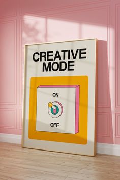 an advertisement for creative mode is displayed on the floor in front of a pink wall