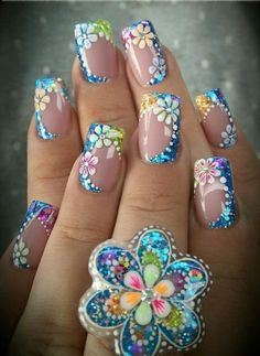 Fingernail Designs, Pretty Nail Designs, Floral Nail Art, Spring Nail Art, Flower Nail Art, Nail Designs Glitter