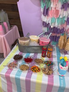 a table topped with lots of different types of food and desserts on top of it