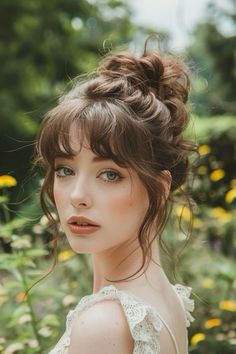 Short Hair Bangs Wedding Hairstyle, Side Bangs Wedding Hair, Puffy Bangs Hair, Semi Formal Hairstyles With Bangs, Bridal Hair Half Up Bangs, Medium Length Formal Hairstyles With Bangs, Updo With Curly Bangs, Wedding Hairstyles Up Do, Ethereal Short Hair