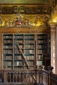 an old library with many bookshelves and ornate carvings on the ceiling, along with wooden railings