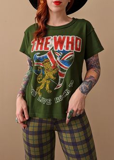 The Who Long Live Rock tee with Union Jack graphics at back. Green colorway. Super soft, officially licensed, and made in LA Colorful Graphics, Live Rock, Ankle Length Skirt, Rock Tees, Ladder Stitch, The Who, Style Punk, High Rise Pants, Long Live