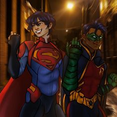 two young men dressed as superman and green lantern standing next to each other in an alleyway