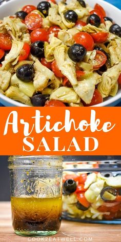 artichoke salad with olives and tomatoes in a bowl