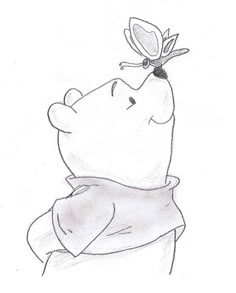 a drawing of winnie the pooh with a butterfly on its head