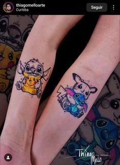 two people with matching tattoos on their legs, one has a dog and the other has a cat