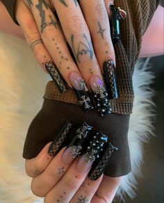 Unusual Nail Designs, Paznokcie Hello Kitty, Punk Nails, Goth Nails, Edgy Nails, Grunge Nails, Long Square Acrylic Nails, Bling Acrylic Nails, Square Acrylic Nails