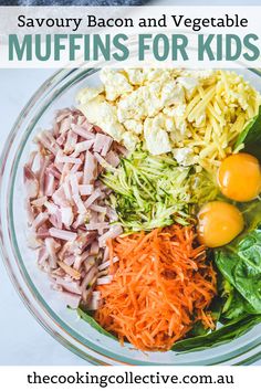 the ingredients for savory bacon and vegetable muffins in a glass bowl