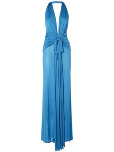 Draped viscose long halter dress - Blumarine - Women  | Luisaviaroma Blue Halter Dress For Gala, Blue Tie-back Dress For Gala, Blue Tie Back Dress For Gala, Blue Halter Neck Maxi Dress For Evening, Blumarine Dress, Long Halter Dress, House Clothes, Guest Attire, Beautiful Gowns