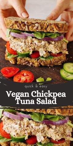 vegan chickpea tuna salad sandwich with lettuce, tomatoes and cucumbers