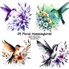 four watercolor hummingbirds with flowers and leaves