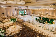 a banquet hall with tables and chairs set up for an event