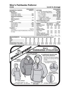 the instructions for men's parka pullover hoodie sewing pattern is shown in black and white