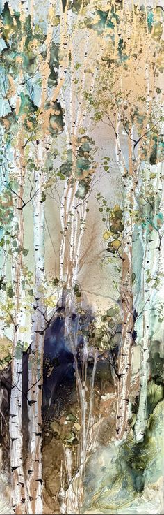 an abstract painting of trees and animals in the woods