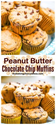 peanut butter chocolate chip muffins stacked on top of each other with the title above it