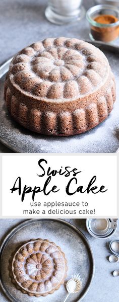 an apple cake on a plate with the title above it