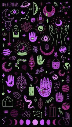 a poster with different types of hand and eye shapes in purple, green and black