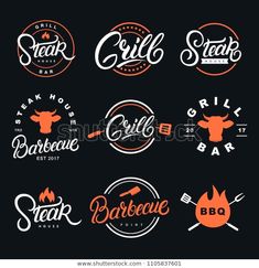 set of barbecue logos and emblems on black background