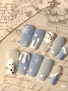 Snowman Nails, Fake Nails Designs, Cute Gel Nails, Nail Decals, Cute Acrylic Nails