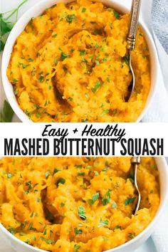 mashed butternut squash in a white bowl with a spoon and parsley on top