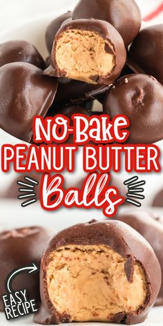 no bake peanut butter balls are stacked on top of each other