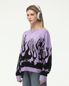 Details: Long-sleeve sweater with fire graphical designTop Length: NormalSleeve Length: Long SleevesMaterials:100% Acrylic Purple Long Sleeve Sweater For Streetwear, Trendy Purple Sweater For Streetwear, Edgy Crew Neck Sweater For Fall, Acrylic Crew Neck Sweater For Streetwear, Oversized Edgy Fall Sweater, Oversized Edgy Sweater For Fall, Oversized Edgy Winter Sweater, Edgy Oversized Winter Sweater, Purple Graphic Print Sweatshirt For Fall