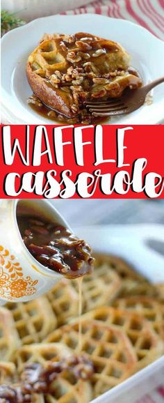 the waffle casserole is being drizzled with syrup