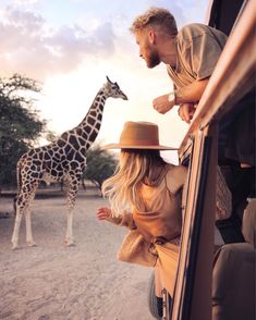 a giraffe standing next to a woman in a tan dress and brown hat