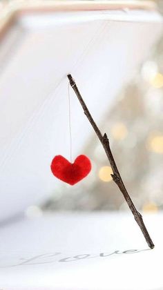 a red heart hanging from a twig