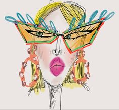 a drawing of a woman's face with colorful glasses and hair clips on her head