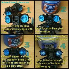 four pictures showing the different parts of a toy motorcycle with blue lights on it's head