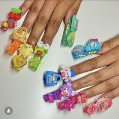 Kawaii Duck Nails, Chunky Charm Nails, Nails With Big Charms, Kawaii Charm Nails, Kawaii Junk Nails, Decora Nails, Charm Nails, Retro Nails