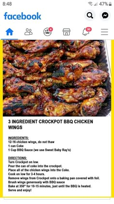 the recipe for an ingredient crockpot bbq chicken wings is shown on this page