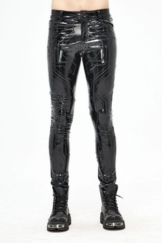 Product Code: PT133 Color: Black Gender: Male Materials: SYNTHETIC LEATHER 100% Notice: Other Accessories Are Not Include high quality stretch glazed leather with black matte offset circuit pattern to make the tight basic patent leather trousers Size(IN) Waist Hip Length S 32.68 35.83 42.52 M 34.65 37.80 42.72 L 36.61 39.76 42.91 XL 38.58 41.73 43.11 2XL 40.55 43.70 43.31 3XL 42.52 45.67 43.50 4XL 44.49 47.64 43.70 Circuit Pattern, Shiny Outfits, Leather Jeans Men, Leather Clothes, Tight Leather Pants, Mens Leather Pants, Punk Dress, Black Punks, Leather Jeans